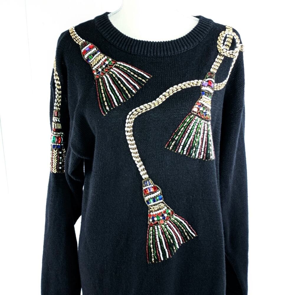 Vintage Black Beaded Tassel Long Tunic Sweater Dress Holiday Party Pullover L